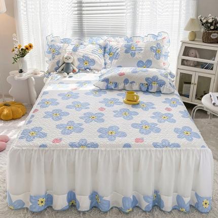 宜凡 2022新款全棉印花夹棉双层裙边床裙款三件套 晨曦花语蓝