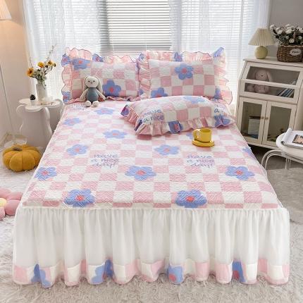 宜凡 2022新款全棉印花夹棉双层裙边床裙款三件套 浅浅格调