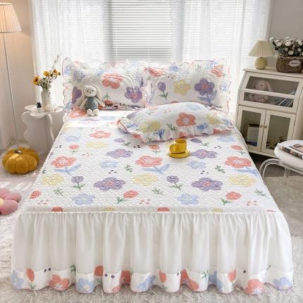 宜凡 2022新款全棉印花夹棉双层裙边床裙款三件套 清新花田