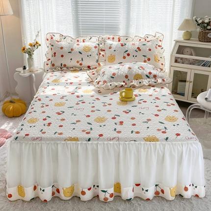 宜凡 2022新款全棉印花夹棉双层裙边床裙款三件套 元气樱桃