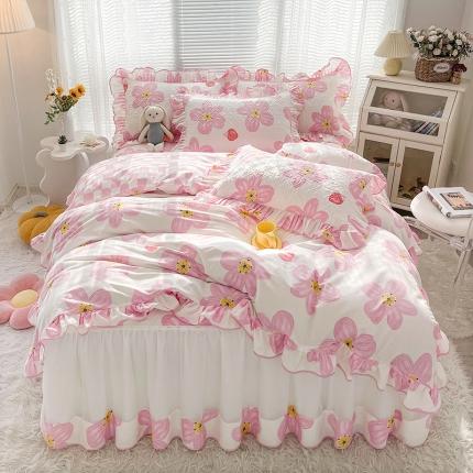 宜凡 2022新款全棉印花夹棉双层裙边床裙款四件套 晨曦花语粉