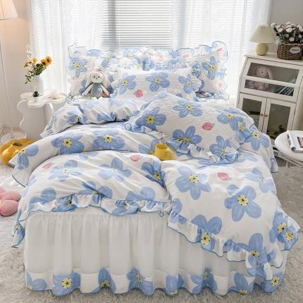 宜凡 2022新款全棉印花夹棉双层裙边床裙款四件套 晨曦花语蓝