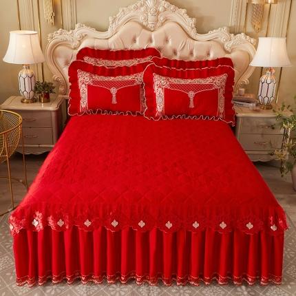 宜凡 2022新款绣花婚庆全棉夹棉床裙款三件套 红妆之恋