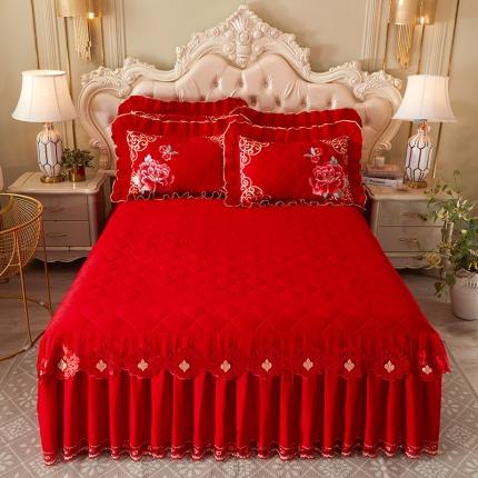 宜凡 2022新款绣花婚庆全棉夹棉床裙款三件套 花开锦瑟