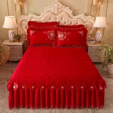 宜凡 2022新款绣花婚庆全棉夹棉床裙款三件套 佳期有约