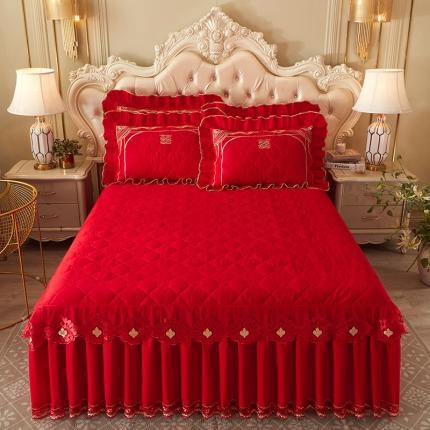 宜凡 2022新款绣花婚庆全棉夹棉床裙款三件套 江山美人