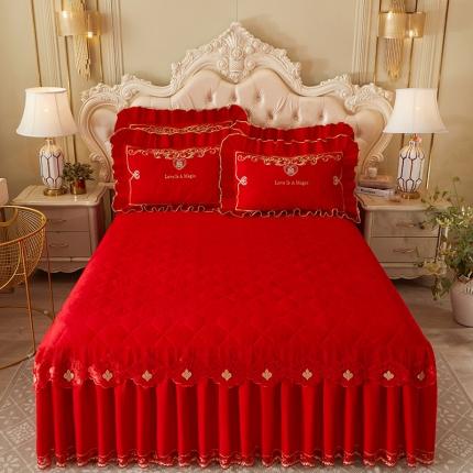 宜凡 2022新款绣花婚庆全棉夹棉床裙款三件套 鸾凤和鸣