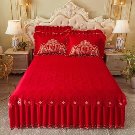 宜凡 2022新款绣花婚庆全棉夹棉床裙款三件套 千禧之恋