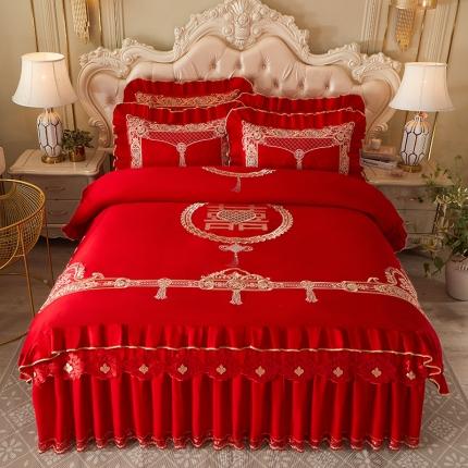 91家纺网 家纺一手货源 找家纺 （总）宜凡 2022新款绣花婚庆全棉夹棉床裙款四件套