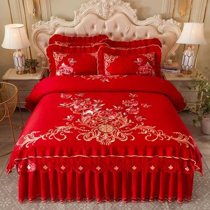 91家纺网 家纺一手货源 找家纺 （总）宜凡 2022新款绣花婚庆全棉夹棉床裙款四件套