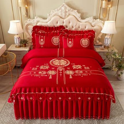 91家纺网 家纺一手货源 找家纺 （总）宜凡 2022新款绣花婚庆全棉夹棉床裙款四件套