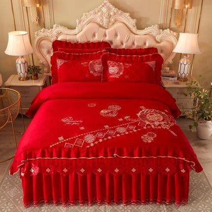 91家纺网 家纺一手货源 找家纺 （总）宜凡 2022新款绣花婚庆全棉夹棉床裙款四件套