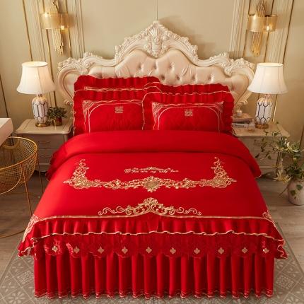 91家纺网 家纺一手货源 找家纺 （总）宜凡 2022新款绣花婚庆全棉夹棉床裙款四件套