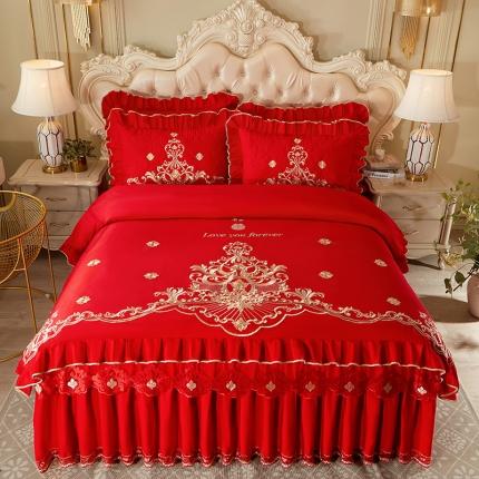 91家纺网 家纺一手货源 找家纺 （总）宜凡 2022新款绣花婚庆全棉夹棉床裙款四件套