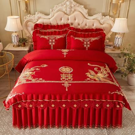 91家纺网 家纺一手货源 找家纺 （总）宜凡 2022新款绣花婚庆全棉夹棉床裙款四件套