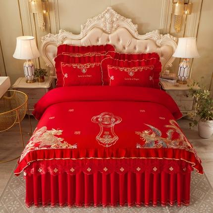 91家纺网 家纺一手货源 找家纺 （总）宜凡 2022新款绣花婚庆全棉夹棉床裙款四件套