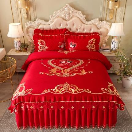 91家纺网 家纺一手货源 找家纺 （总）宜凡 2022新款绣花婚庆全棉夹棉床裙款四件套