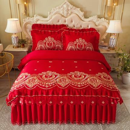 91家纺网 家纺一手货源 找家纺 （总）宜凡 2022新款绣花婚庆全棉夹棉床裙款四件套