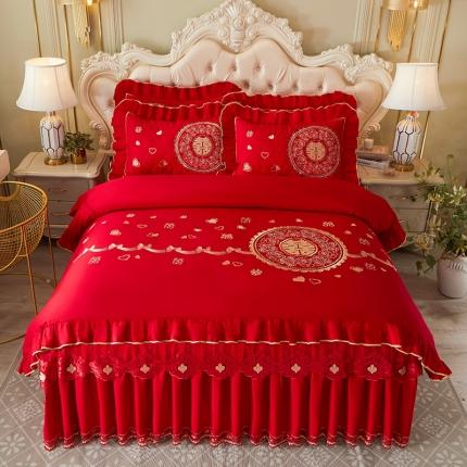 91家纺网 家纺一手货源 找家纺 （总）宜凡 2022新款绣花婚庆全棉夹棉床裙款四件套