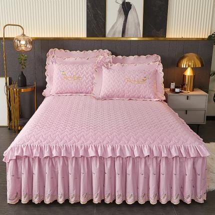 宜凡 2022新款全棉刺绣夹棉床裙款三件套-芳羽 芳羽淡粉