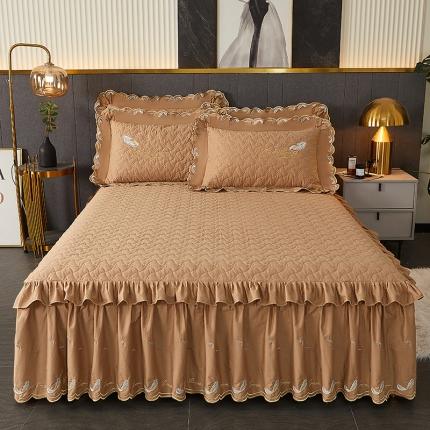 宜凡 2022新款全棉刺绣夹棉床裙款三件套-芳羽 芳羽咖啡