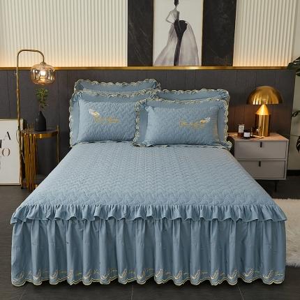 宜凡 2022新款全棉刺绣夹棉床裙款三件套-芳羽 芳羽欧蓝