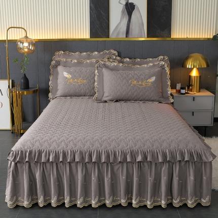 宜凡 2022新款全棉刺绣夹棉床裙款三件套-芳羽 芳羽夜灰