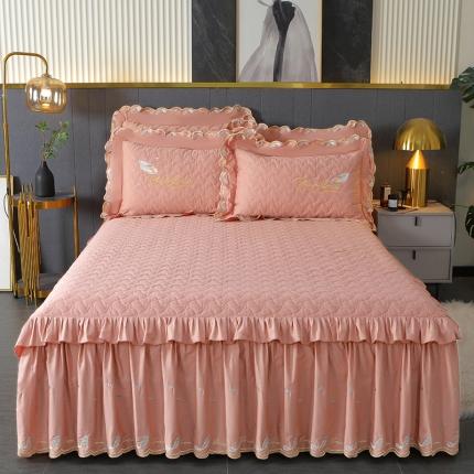 宜凡 2022新款全棉刺绣夹棉床裙款三件套-芳羽 芳羽玉色