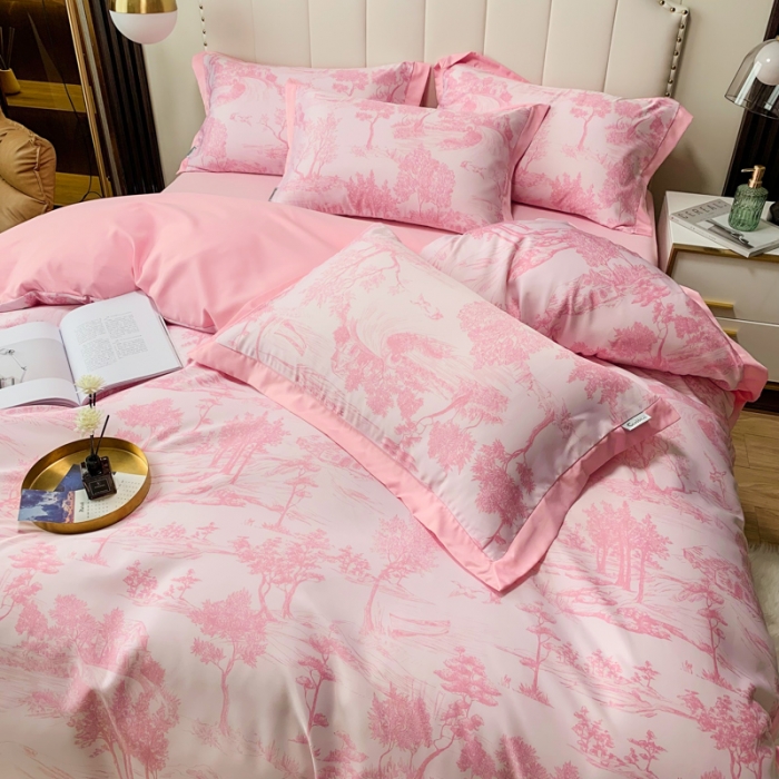 91家纺网 家纺一手货源 找家纺 ab家纺 2022新款水洗真丝四件套 江南-樱花粉