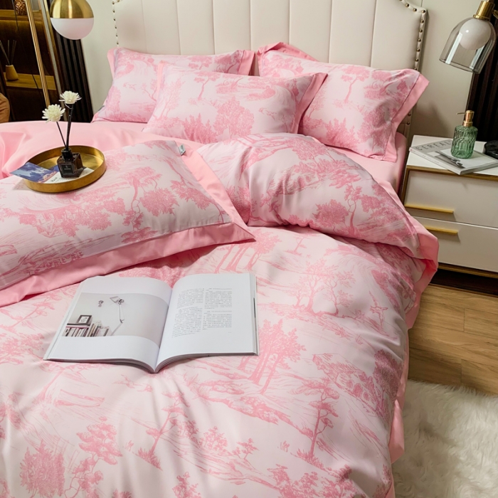 91家纺网 家纺一手货源 找家纺 ab家纺 2022新款水洗真丝四件套 江南-樱花粉