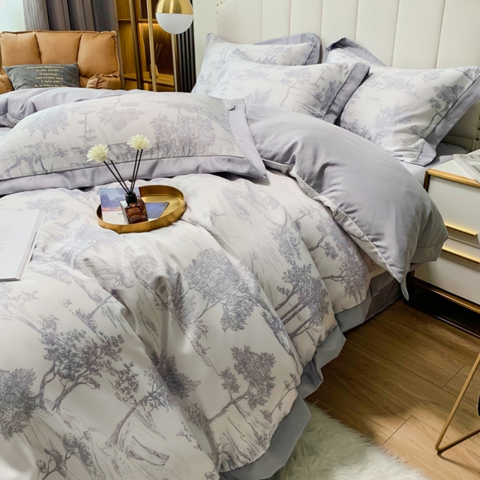 91家纺网 家纺一手货源 找家纺 ab家纺 2022新款水洗真丝四件套 江南-紫灰