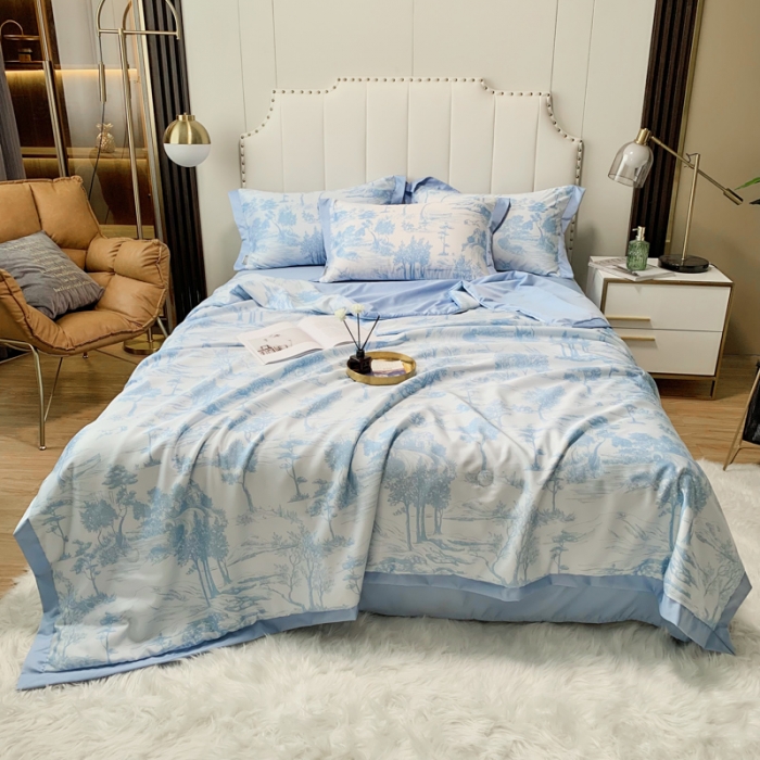 91家纺网 家纺一手货源 找家纺 ab家纺 2023新款水洗真丝夏被 江南-天空蓝