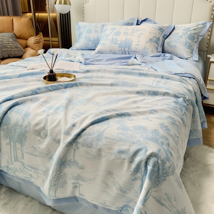 91家纺网 家纺一手货源 找家纺 ab家纺 2023新款水洗真丝夏被 江南-天空蓝
