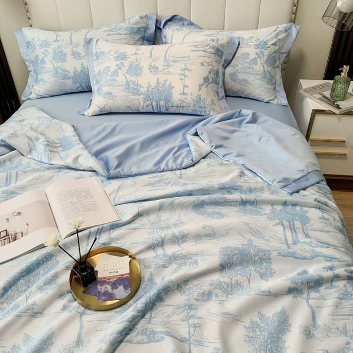 91家纺网 家纺一手货源 找家纺 ab家纺 2023新款水洗真丝夏被 江南-天空蓝
