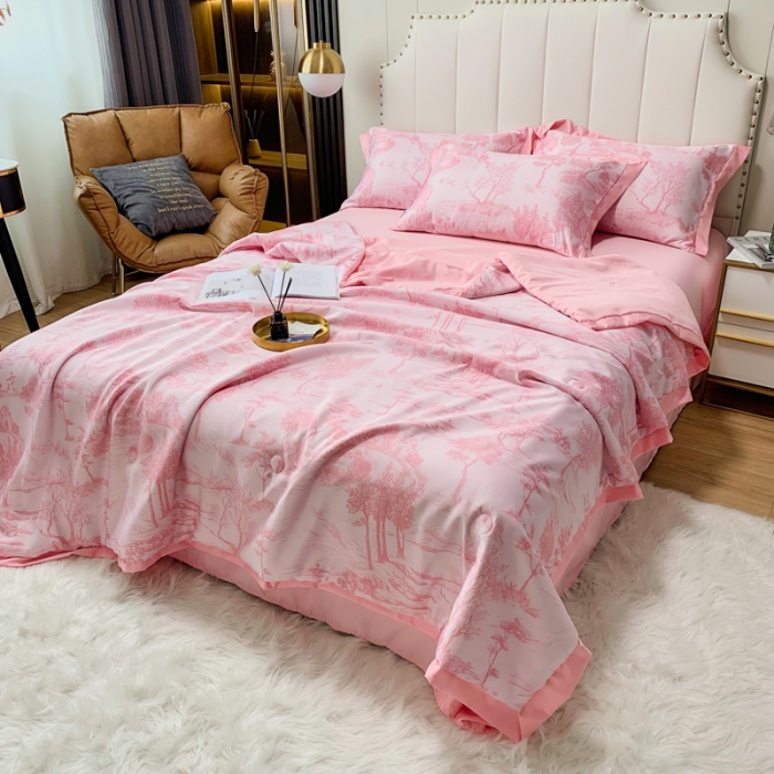 91家纺网 家纺一手货源 找家纺 ab家纺 2023新款水洗真丝夏被 江南-樱花粉