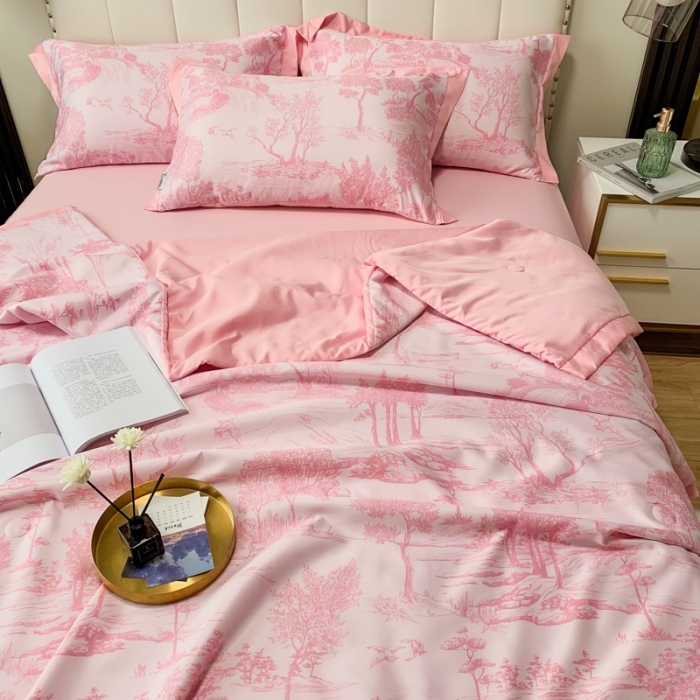 91家纺网 家纺一手货源 找家纺 ab家纺 2023新款水洗真丝夏被 江南-樱花粉