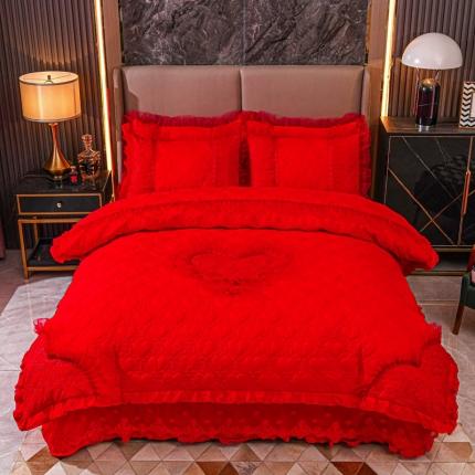 91家纺网 家纺一手货源 找家纺 青竹苑 2022新款洛卡棉花边床盖四件套 中国红
