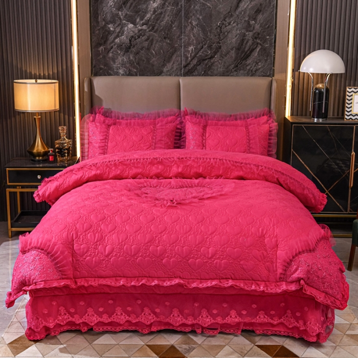 91家纺网 家纺一手货源 找家纺 青竹苑 2022新款洛卡棉花边床盖四件套 玫红