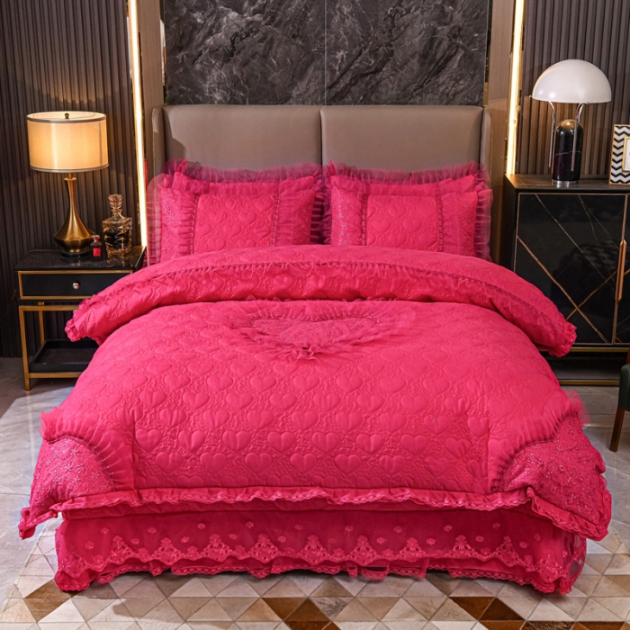 91家纺网 家纺一手货源 找家纺 青竹苑 2022新款洛卡棉花边床盖四件套 玫红