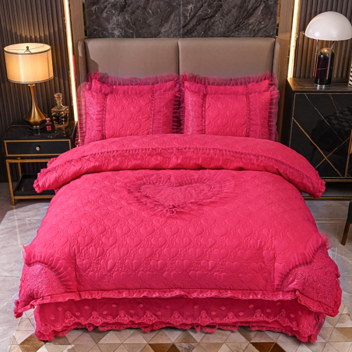 91家纺网 家纺一手货源 找家纺 青竹苑 2022新款洛卡棉花边床盖四件套 玫红