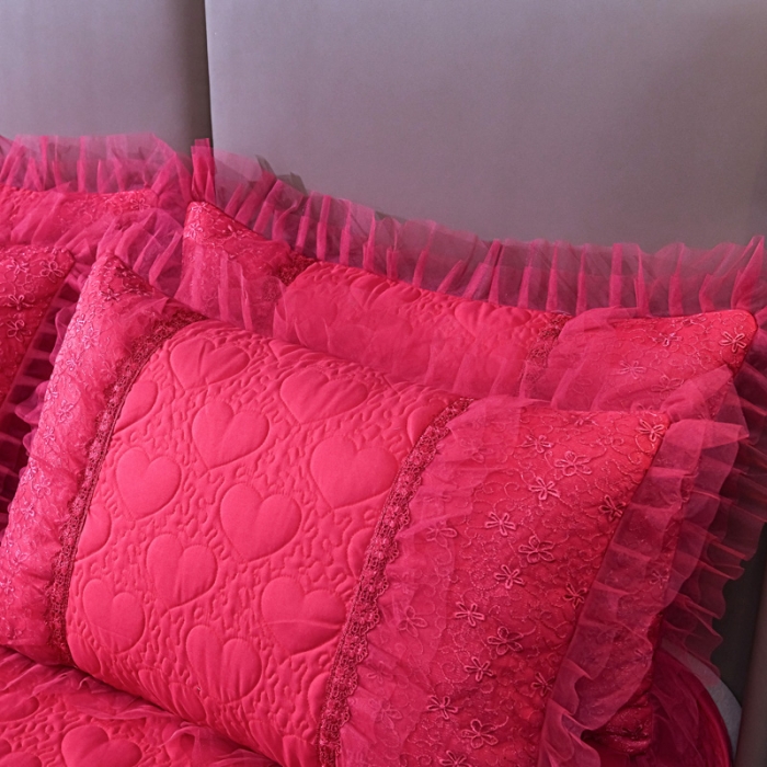 91家纺网 家纺一手货源 找家纺 青竹苑 2022新款洛卡棉花边床盖四件套 玫红