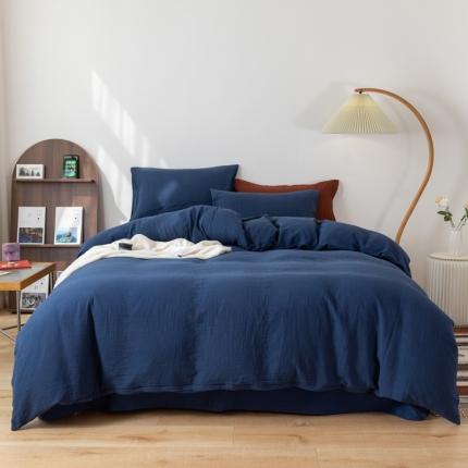 91家纺网 家纺一手货源 找家纺 简家居 2022新款纯色双层纱豆腐皱四件套 藏青