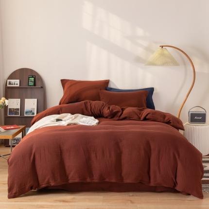 91家纺网 家纺一手货源 找家纺 简家居 2022新款纯色双层纱豆腐皱四件套 咖红