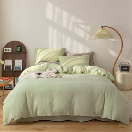 91家纺网 家纺一手货源 找家纺 简家居 2022新款纯色双层纱豆腐皱四件套 荧光绿