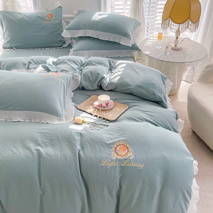 91家纺网 家纺一手货源 找家纺 琪格格 2022新款仙女款刺绣蕾丝水洗棉四件套 美人-抹茶绿