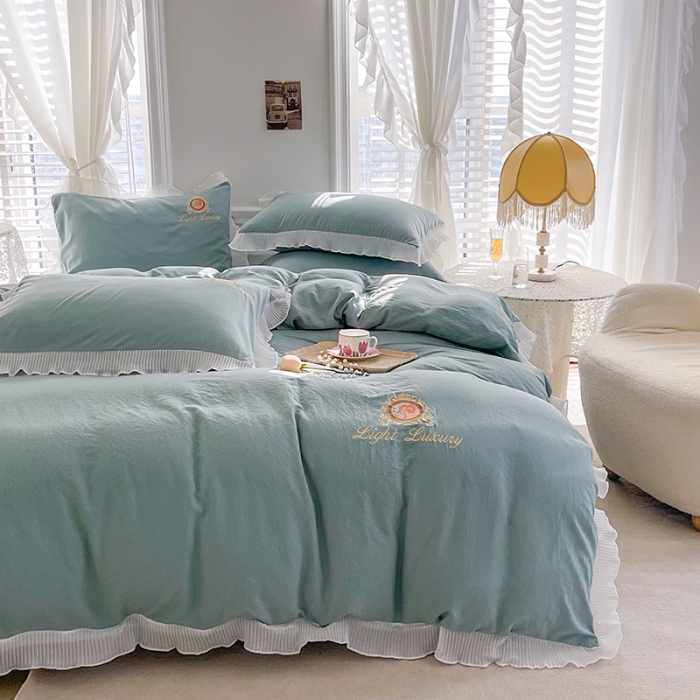 91家纺网 家纺一手货源 找家纺 琪格格 2022新款仙女款刺绣蕾丝水洗棉四件套 美人-抹茶绿