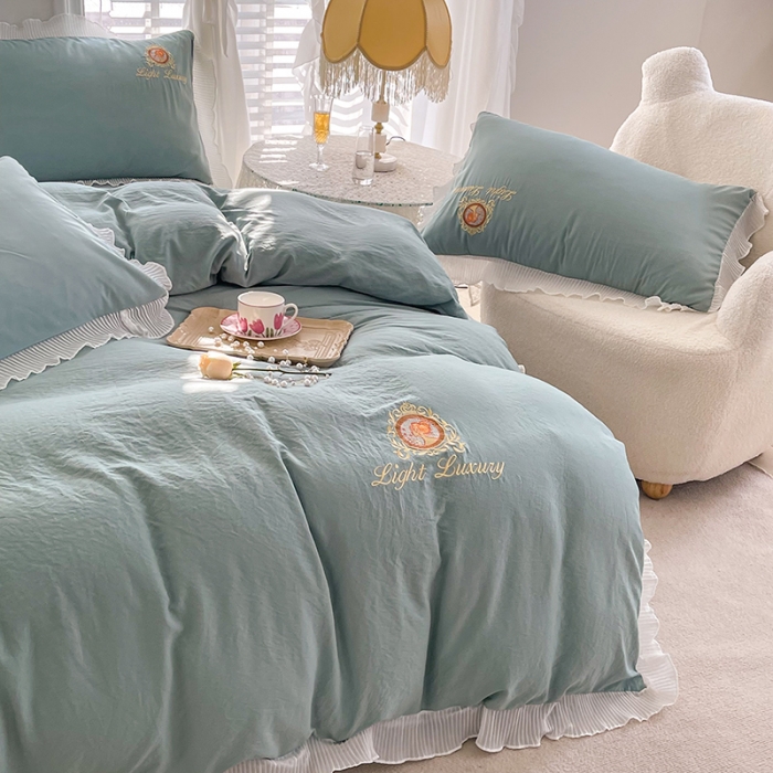 91家纺网 家纺一手货源 找家纺 琪格格 2022新款仙女款刺绣蕾丝水洗棉四件套 美人-抹茶绿