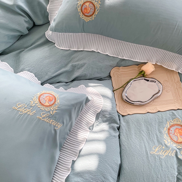 91家纺网 家纺一手货源 找家纺 琪格格 2022新款仙女款刺绣蕾丝水洗棉四件套 美人-抹茶绿