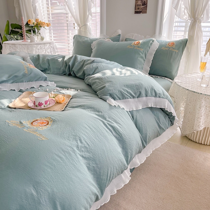 91家纺网 家纺一手货源 找家纺 琪格格 2022新款仙女款刺绣蕾丝水洗棉四件套 美人-抹茶绿