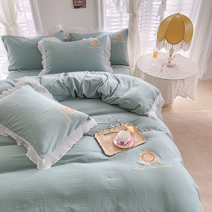 91家纺网 家纺一手货源 找家纺 琪格格 2022新款仙女款刺绣蕾丝水洗棉四件套 美人-抹茶绿